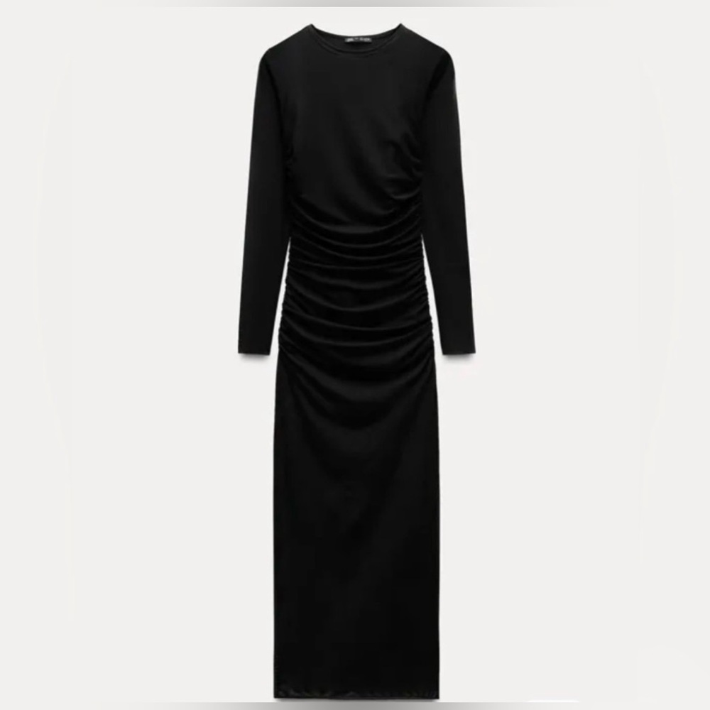 NWOT ZARA Sheer Ruched Maxi Dress Built-In Bodysuit Long Sleeve Mesh Black - Picture 3 of 7